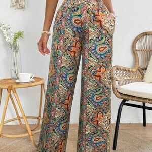 Vibrant Paisley Wide Leg Palazzo Pants in Blue Orange and Red